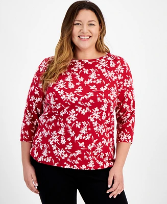 Style & Co Plus Size Printed Cotton Boat-Neck 3/4-Sleeve Top, Created for Macy's