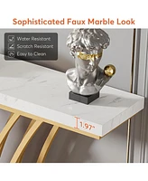Tribesigns 59.06 inch Gold Console Table, Modern Entryway Table with Grid-Shaped Metal Base for Entrance, Hallway, Entryway, Living Room(White Faux Ma