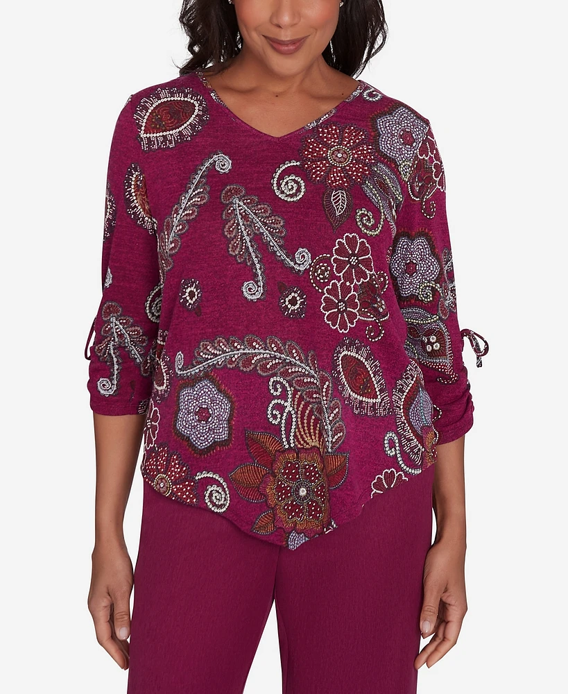 Alfred Dunner Petite Wine Country Floral V Neck Top with Three Quarter Drawstring Sleeves