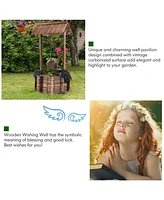 Costway Outdoor Wooden Wishing Well Bucket Flower Plants Planter Patio Garden Home Decor