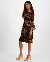 Connected Petite Floral Flounce-Sleeve Sheath Dress