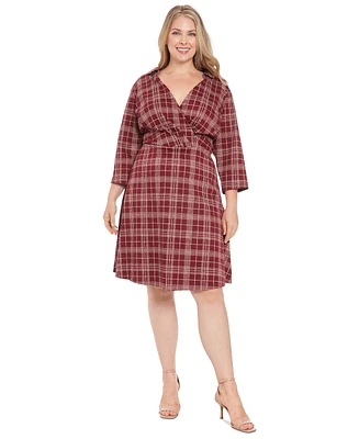 London Times Plus Plaid Collared V-Neck 3/4-Sleeve Dress