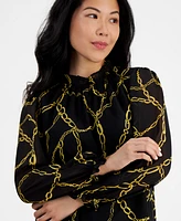 Ak Anne Klein Petite Ruffle-Neck Chain-Print Blouse