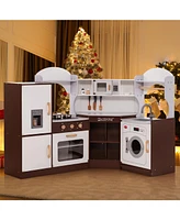 Costway Corner Play Kitchen with Ice Maker Microwave Oven for Kids 3+ Years Old Wooden Toy