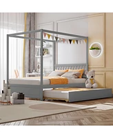 Gymax Full Canopy Bed with Trundle Wooden Platform Frame Headboard Grey