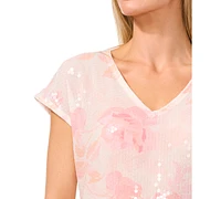 CeCe Women's Sequined Floral Print V-Neck Cap-Sleeve Blouse