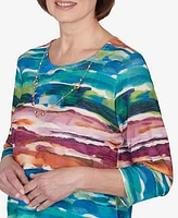 Alfred Dunner Petite Classics Watercolor Biadere Top with Necklace