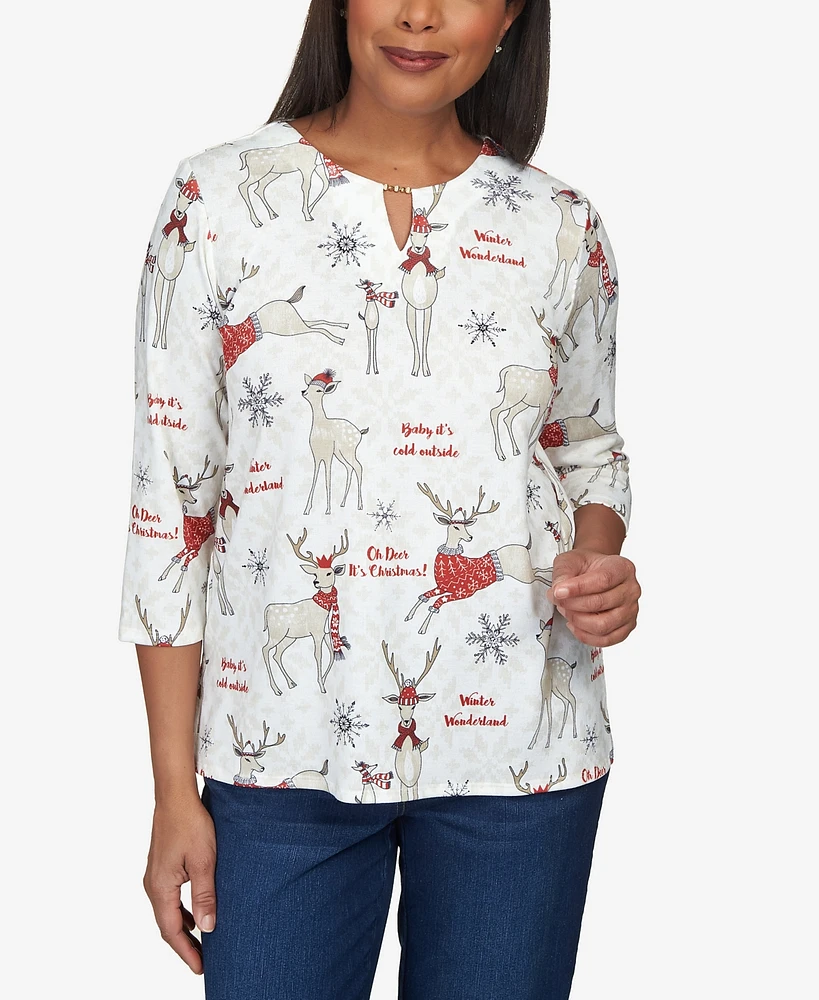 Alfred Dunner Petite Classic Deer Split Neck Top