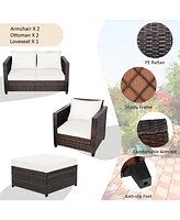 Costway 5PCS Patio Rattan Furniture Set Loveseat Sofa Ottoman Cushioned