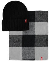 Levi's Men's Waffle Beanie & Buffalo Plaid Scarf Set