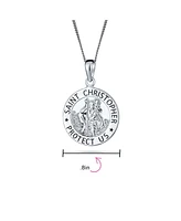 Bling Jewelry Medium Size Parton Of Safe Travel "Protect Us" Religious Medal Medallion Round Saint Christopher Pendant Necklace For Women Sterling Sil