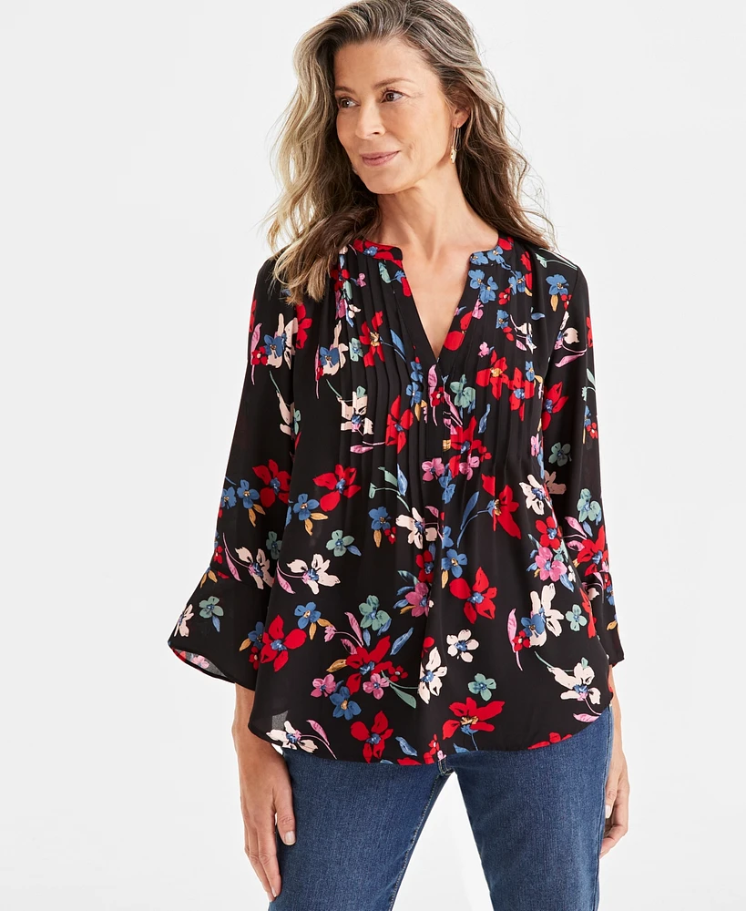 Style & Co Women's Printed Pintuck Ruffle Sleeve Top, Created for Macy's