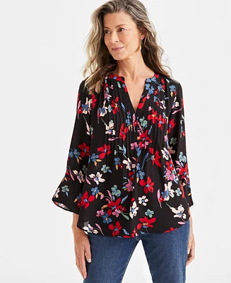 Style & Co Women's Printed Pintuck Ruffle Sleeve Top, Created for Macy's