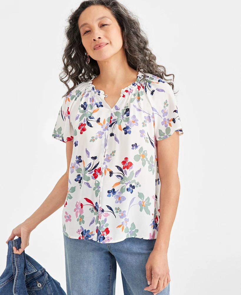 Style & Co Women's Printed Flutter-Sleeve Top
