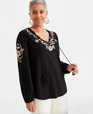 Style & Co Women's Shine Embroidered Long-Sleeve Blouse, Created for Macy's