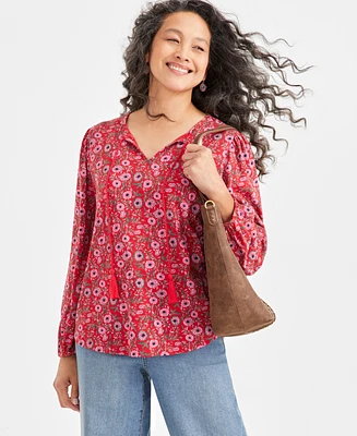 Style & Co Women's Printed Tassel Knit Blouse, Created for Macy's