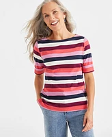 Style & Co Women's Striped Elbow-Sleeve Top, Created for Macy's