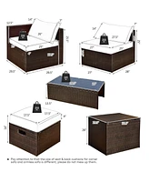 8 Pcs Outdoor Wicker Furniture Set with Storage Box Tempered Glass Table 2 Ottomans
