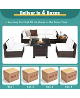 Costway 7PCS Patio Rattan Furniture Set Fire Pit Table Cover Glass Top Cushion