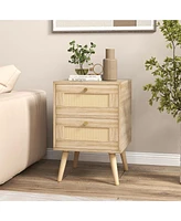 Sugift Rattan Nightstand Boho Accent Bedside Table with 2 Storage Drawers