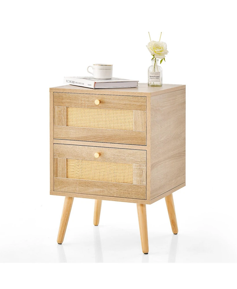 Sugift Rattan Nightstand Boho Accent Bedside Table with 2 Storage Drawers