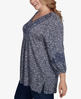 Ruby Rd. Plus Size Embroidered V-Neck Hatchi Spacedye Knit Top with Balloon Sleeves