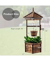 Skonyon Rustic Wooden Wishing Well with Adjustable Hanging Bucket-Brown
