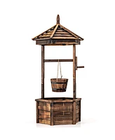 Skonyon Rustic Wooden Wishing Well with Adjustable Hanging Bucket-Brown