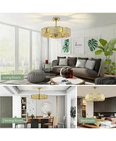 Skonyon 30 Inch Caged Ceiling Fan With Light Crystal Lampshade 6 Light Bases-Golden