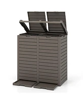 Skonyon 62 Gallon Outdoor Trash Can Waterproof Double Bin with Tiered Lid and Drip Tray-Coffee