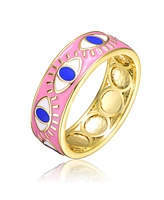 GiGiGirl 14k Yellow Gold Plated Band Ring with Pink Enamel having Eye Shaped design