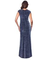 Betsy & Adam Petite Draped V-Neck Metallic Gown