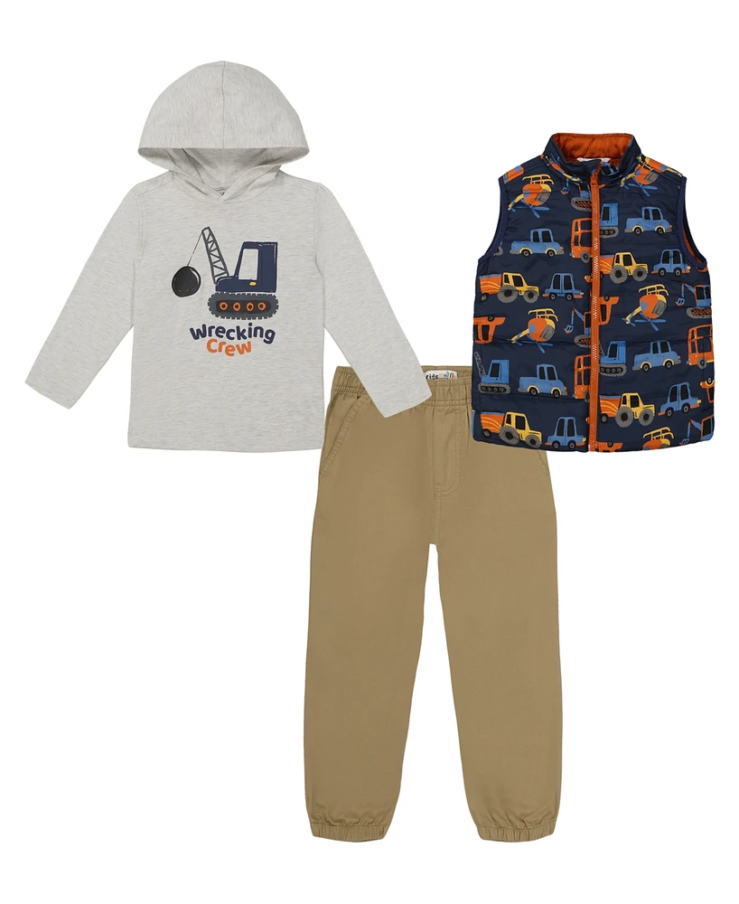 Kids Headquarters Toddler and Little Boys, Transport-Themed 3Peice Puffer Vest Twill Joggers Set