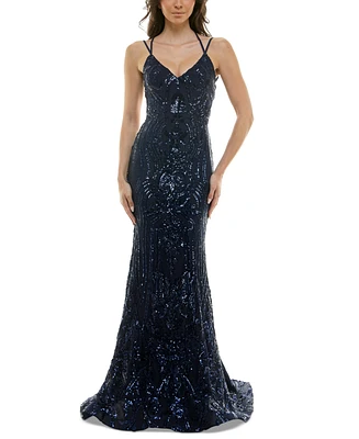 B Darlin Juniors' Sequined Lace-Up Gown