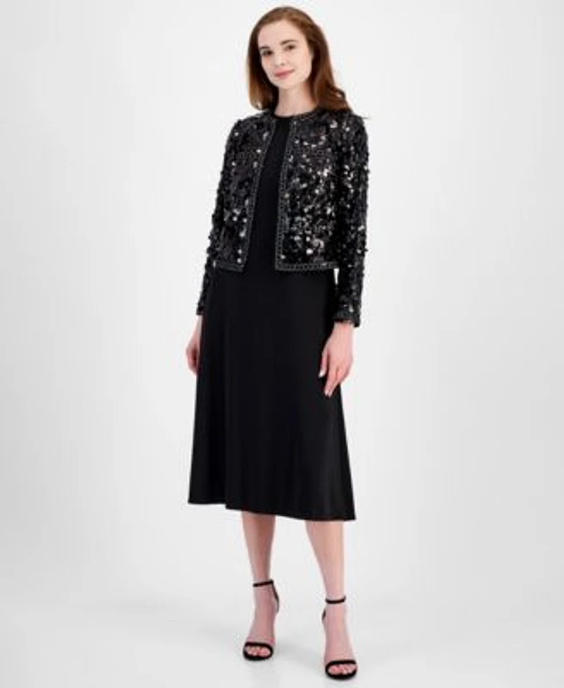 Anne Klein Womens Cropped Kissing Front Sequin Jacket Seamed Sheath Dress