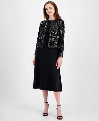 Anne Klein Womens Cropped Kissing Front Sequin Jacket Seamed Sheath Dress