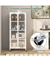 Sugift Glass Doors Storage Cabinet with Wheels and Adjustable Shelves