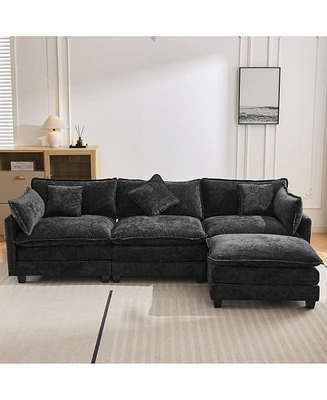 Simplie Fun Black Chenille L-Shape Sofa with Ottoman and Pillows