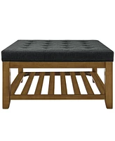 Simplie Fun Linen-Tufted Coffee Table Ottoman with Beechwood Shelf and Frame