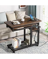 Tribesigns Small Portable Desk with Power Outlet, Height Adjustable Sofa Couch Bedside Laptop Table Wheels, Mobile Standing Rolling Computer