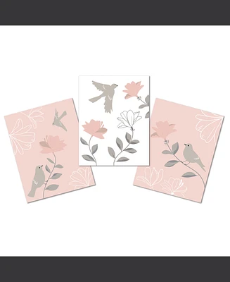 Lambs & Ivy Petals Pink/Gray/White Floral/Birds 11 by 14 Unframed Wall Art 3pc