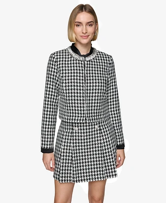 Karl Lagerfeld Paris Women's Convertible Rhinestone-Collar Houndstooth Jacket