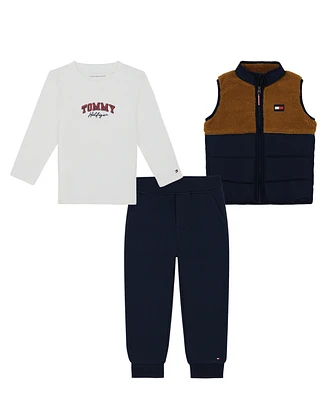 Tommy Hilfiger Toddler Boy Berber Puffer Vest Long Sleeve Tee and Joggers, 3-Piece Set