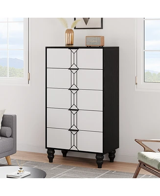 gaomon 5 Drawer Dresser with Deep Drawers for Bedroom, Modern Wooden Chest Dresser with Deep Drawers with Vintage Pattern Design, Black and White_48.4