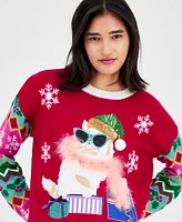 Hooked Up by Iot Juniors' Glam Cat Christmas Sweater