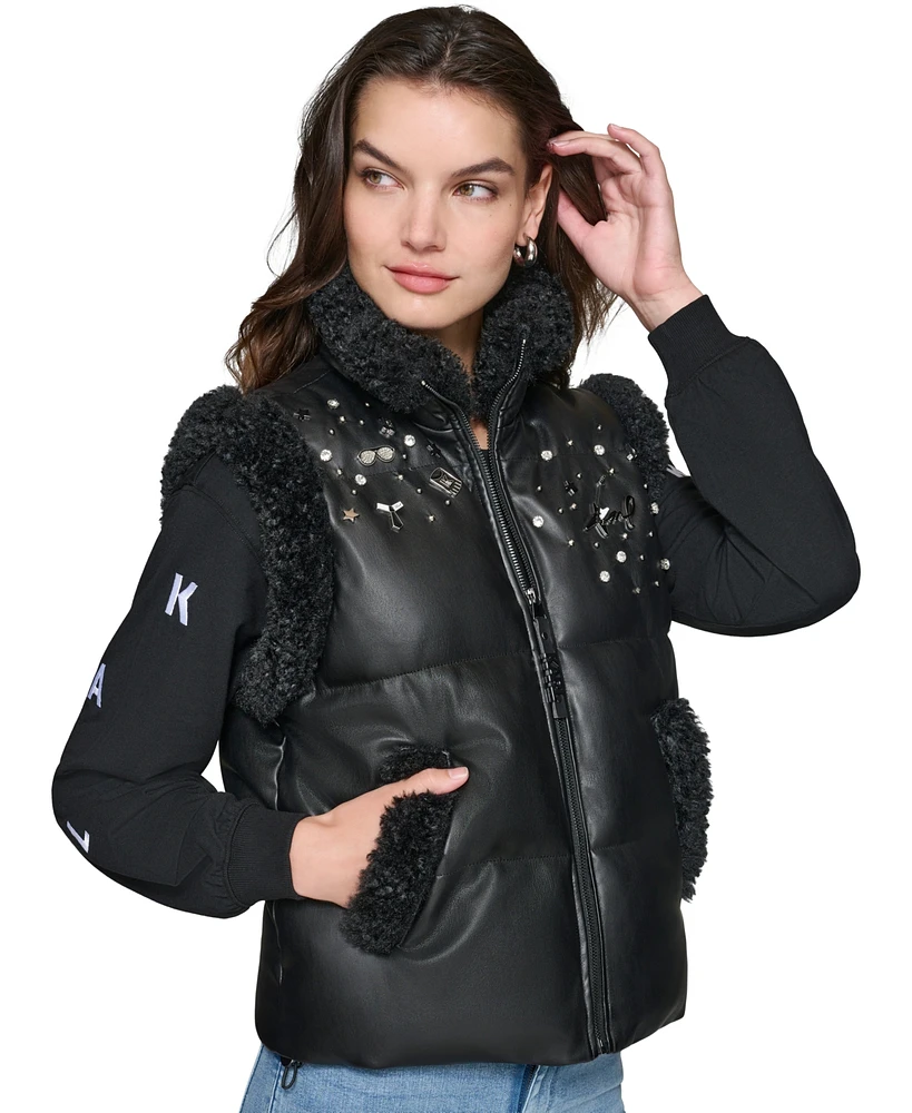 Karl Lagerfeld Paris Women's Faux-Leather Embellished Puffer Vest