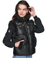 Karl Lagerfeld Paris Women's Faux-Leather Embellished Puffer Vest