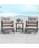 Vebreda 5 Pieces Wicker Patio Furniture Set Ottomans and Cushions and 2-Tier Tempered Glass Side Table-Brown