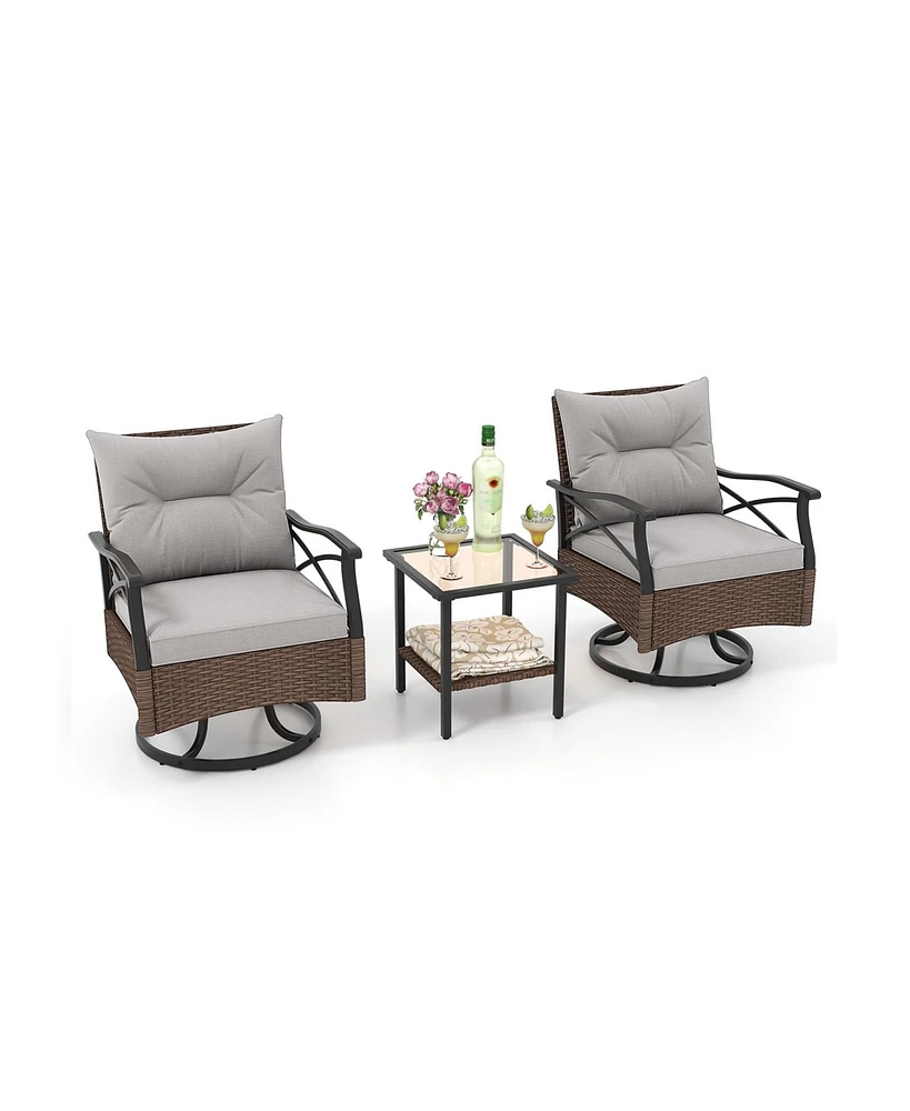 Vebreda 3 Pieces Outdoor Swivel Rocking Chairs Set with 2-Tier Tempered Glass Side Table-Brown