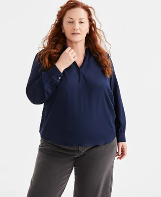 Style & Co Plus Johnny-Collar Long-Sleeve Top, Exclusively at Macy's